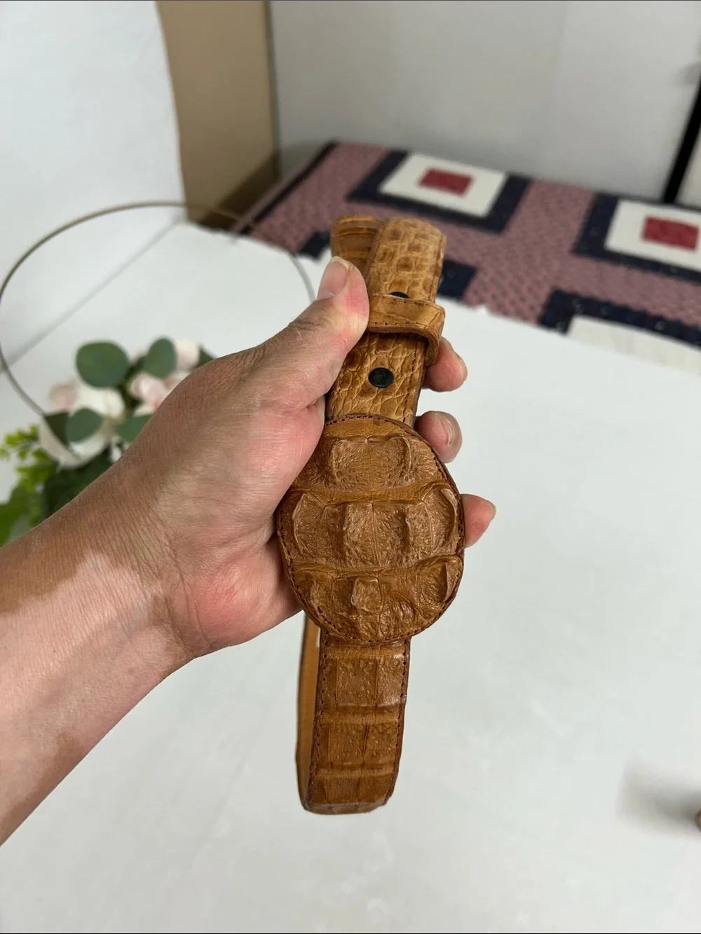 Kids Croc-Embossed Leather Belt in Tan